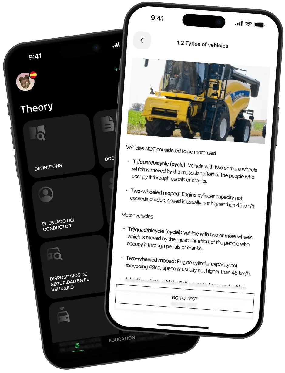 Pantalla de teoría de la app ProntoTest: la lista de temas y un tema abierto con foto y explicación