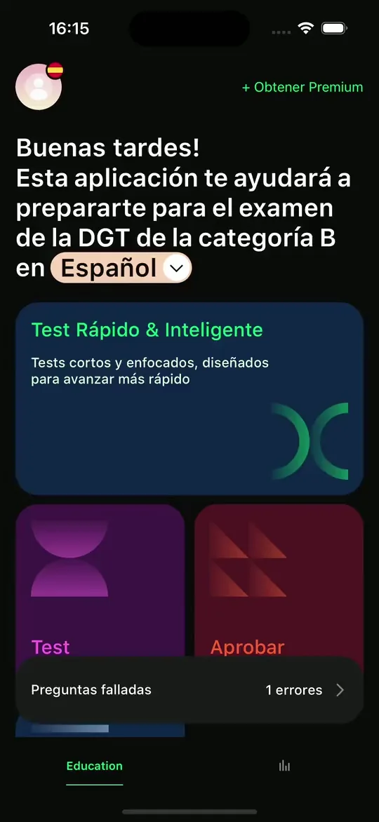 Pantalla principal de la app ProntoTest: test rápidos, test por temas y examen de práctica